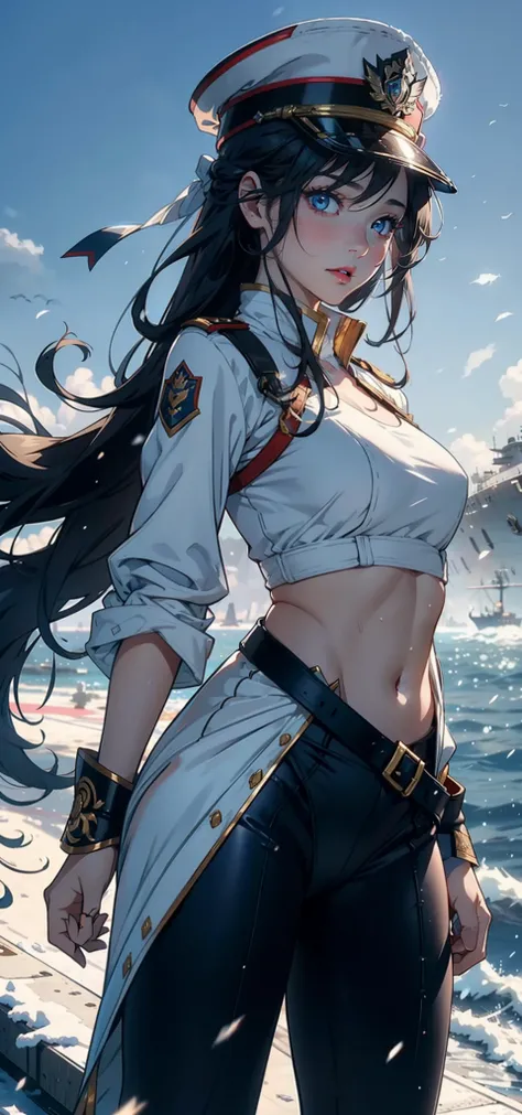 1womanl，3 years old，bit girl，Small loli，smallunderboob，Raised sexy，Pornographic exposure， 独奏，Beauty contests，standing on your feet（Background with：the sea，snow mountains，warships，at winter season，Blizzarding，Big snowflakes）On warships， with his long black ...