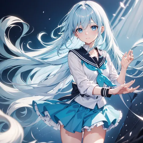 Long light blue hair，Its like its just washed，Eyes that are slightly lighter than the color of the hair，A little loli like an idol，in school uniform