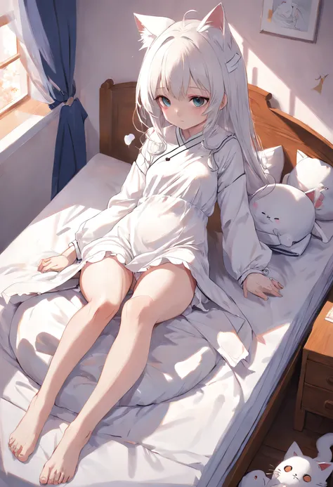 Anime girl in white pajamas getting out of bed with cat, loli in dress, small curvy loli, artwork in the style of guweiz, guweiz on pixiv artstation, guweiz on artstation pixiv, guweiz, small loli girl, soft anime illustration, Anime visuals of cute girls,...