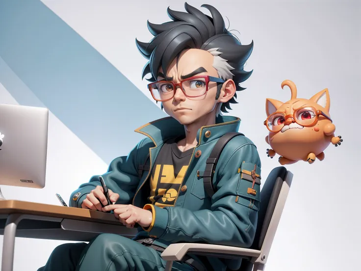 A young man with glasses sits at his desk，holding laptop，digitial painting，3D character design by Mark Clairen and Pixar and Hayao Miyazaki and Akira Toriyama，4K HD illustration，Very detailed facial features and cartoon-style visuals。