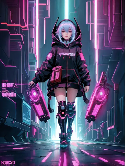 a long close up of a girl in a hoodie suit with a cyber city in the background, cyberpunk iron, cyber suit, cyberpunk flame suit, cyber armor, cyberpunk suit, cyber armour, cyberpunk knight, sci - fi suit, cyber fight armor, cybernetic fire armor, cyberpun...