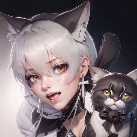 Anime girl holding a cat with cat ears and bow tie, anime catgirl, anime girl with cat ears, cute anime catgirl, Girl with cat ears, anime cat, cat woman, silber hair，Silver-toned earrings