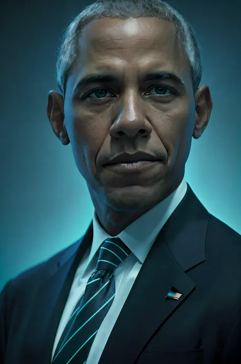 portrait of an award-winning photo of Barack Obama posing in a dark studio, (rim lighting,: 1.4) two-tone lighting, sharp focus, teal hue, octane, unreal, dimly lit, low key,