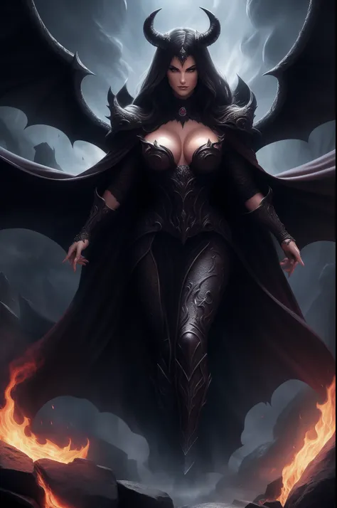 Lisa Ann ultra-detailed: The Empress of Darkness, Background to the destruction of hell, diabolique, insidieux, invincible, couronne sombre, Evil queen, Robe noire et rouge, demon wings dans le dos, Demon horn, Realistic detailed eyes, Shaded illustration ...