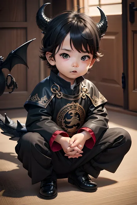 Cute little boy ,There is a black dragon behind it