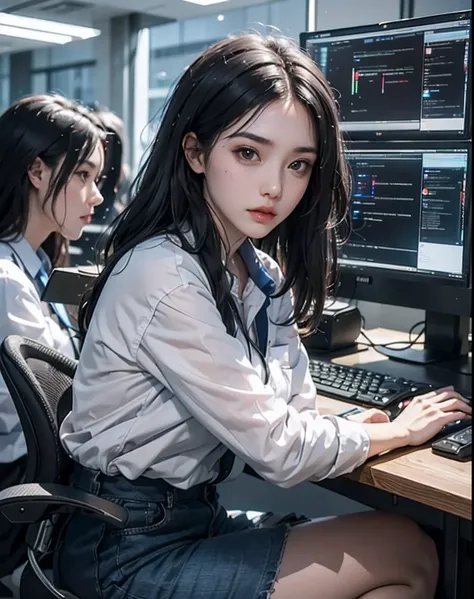 The black-haired young woman dressed as a technician has a serious expression, and the background is a large scientific research institute with many large screens, sitting in front of the computer to operate, with a serious expression