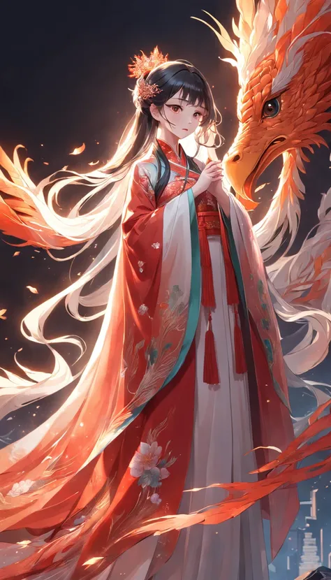 Stunning Chinese Hanfu wedding cape，Embroidered with crystal translucent phoenix. The phoenix shines like a diamond. The phoenix comes to life，Dragging a 2-meter skirt. Its beautiful, Noble, Red, magic, Octane rendering, Surreal, Light background