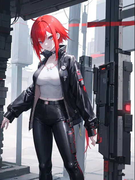 anime girl in black pants and a white shirt, female cyberpunk anime girl, trending on cgstation, cyberpunk anime girl, artwork in the style of guweiz, redhead female cyberpunk, digital cyberpunk anime art, dreamy cyberpunk girl, hyper-realistic cyberpunk s...