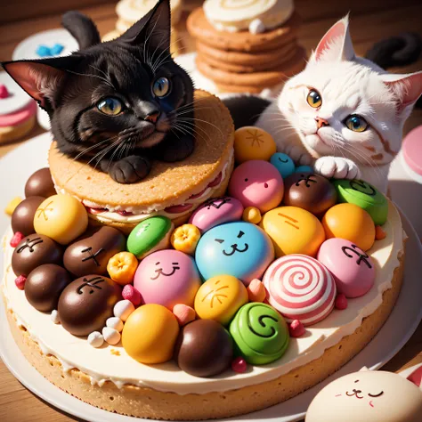 Make a logo with lots of sweets, a hungry-faced cat in the middle with 1 cooks hat --auto