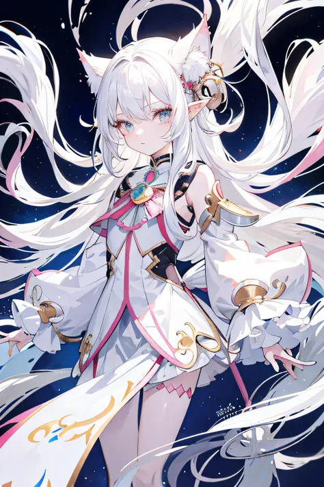 Anime girl with long hair and cat tail, Pale young beast-eared maiden, style of magical girl, white-haired god, clear outfit design, Anime girl with long hair, anime moe art style, long  white hair, with long white hair, Soft anime illustration, Anime Styl...