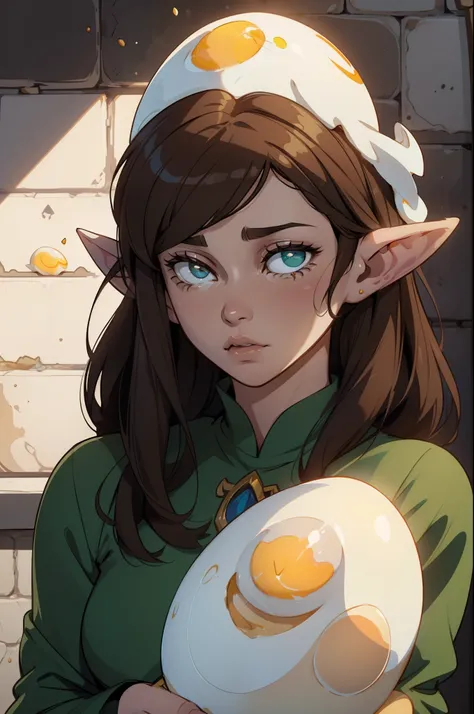 a sad Brunette elf, (having a fried egg on her head:1.4), absurdes, extremely detailed face and eyes, 8k, beautiful shadow and lighting