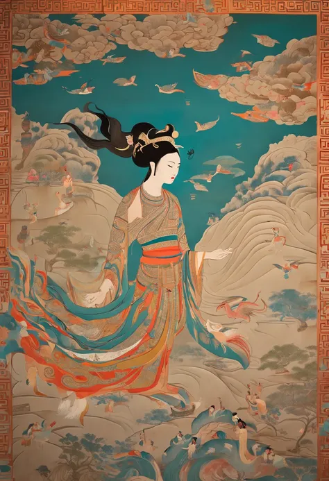 Dunhuang murals，Dunhuang girls dressed up，super detailing，Fly and hold the lute，The flying belt flutters，，Surrounded by auspicious clouds，Full of mystery，solid color backdrop，4K,gold light