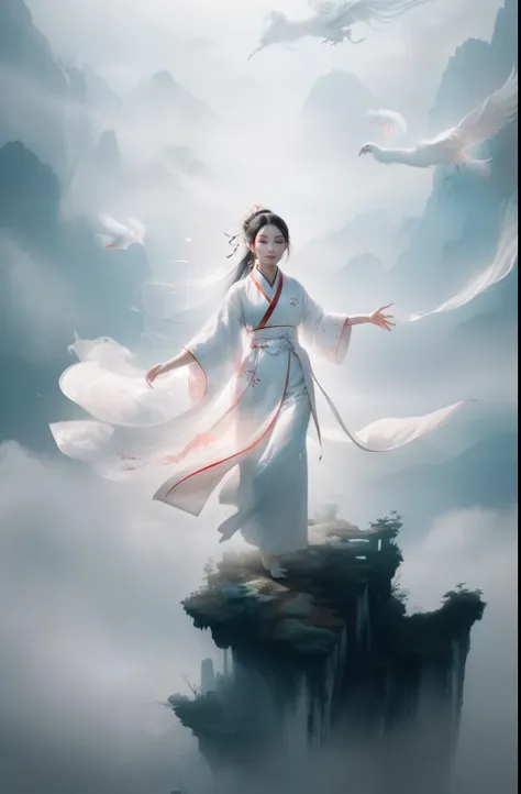 ((((1 girl)))),(white chinese robe),
in a captivating scene, a beautiful woman adorned in a flowing white chinese robe soars thr...