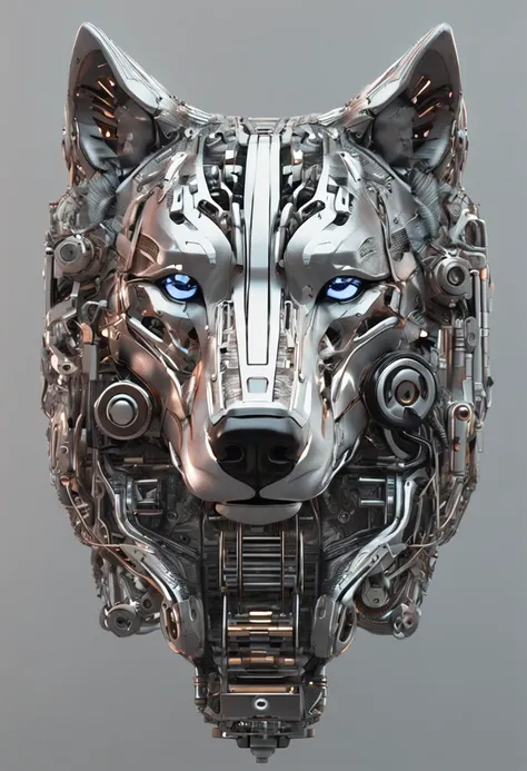 "Capture an intimate close-up of the face of a mechanical cyborg wolf with a focus on intricate details. Utilize advanced techniques from photography and digital art to ensure every nuance of the wolfs features is vividly portrayed. Employ a camera angle t...