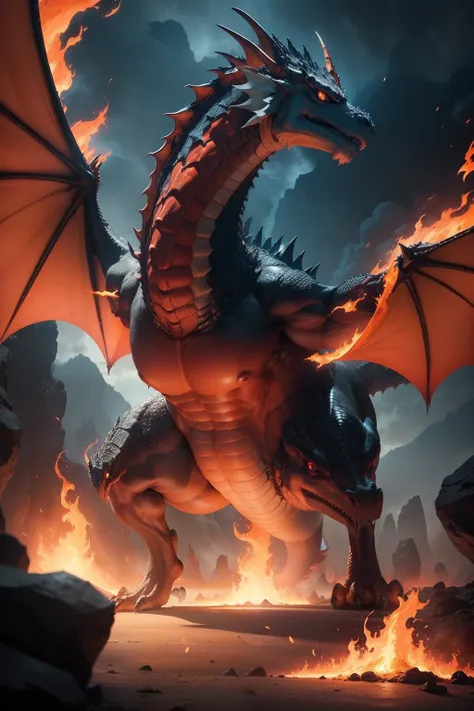 "Transport yourself to a captivating realm where colossal fire dragons reign. Visualiza estas majestuosas criaturas con enormes, Cuerpos robustos cubiertos de intrincados, escamas de fuego. Imagine their powerful limbs and towering presence as they travers...