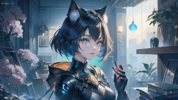 Portrait of Catwoman, anime catgirl, smooth soft skin, Fantastic Big Eyes, beautiful intricate colored hair, Symmetrical, anime wide eyes, Beautiful eyes, Soft lighting, Detailed face, By Makoto Shinkai, Stanley Ateg Liu, Phlegm sputum, phlegm, rossdraws, ...