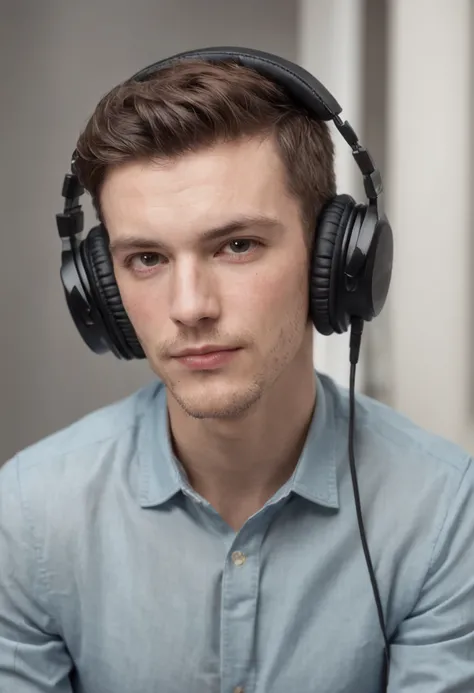 Man working in a recording studio wearing headphones,