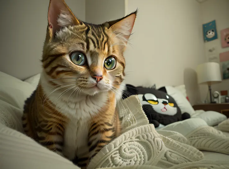 There was a cat sitting on the bed，There were blankets, largeeyes, sad cat, very large eyes, largeeyes, looks surprised, horrified look in his eyes, with a big head，Big eyes, very large eyes!, shocked expression, Eyes widened in shock, A cute cat, Big cute...