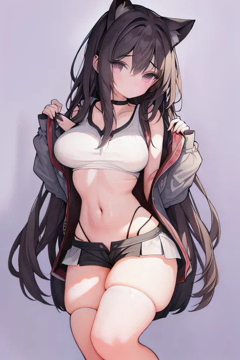 1girll, Solo, Captains uniform，White hair, Long hair, Curly hair, Messy hair, (Blunt bangs:1.2), cat ear, Blue eyes, view the viewer, choker necklace, White shirt, White shorts, Short shorts, white thighhighs,captain， (skin indentation:1.2), Black silk puf...