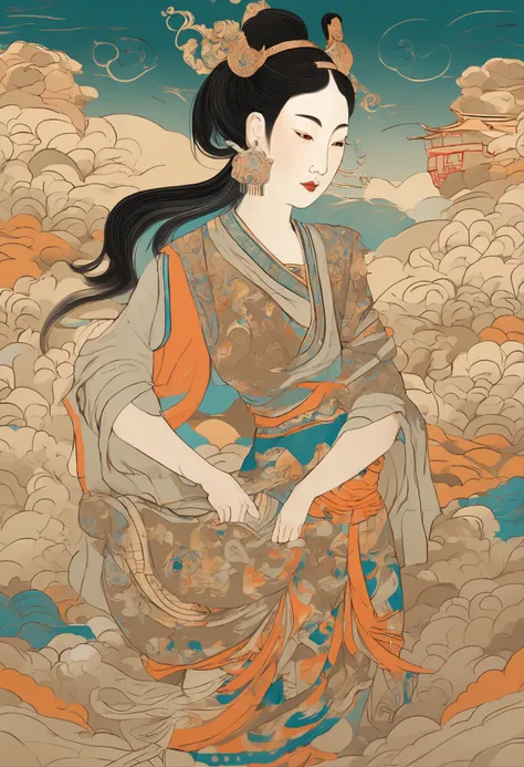 Dunhuang murals，Dunhuang girls dressed up，super detailing，Fly and hold the lute，The flying belt flutters，，Surrounded by auspicious clouds，Full of mystery，solid color backdrop，4K,gold light