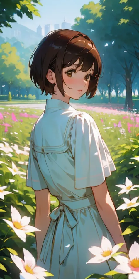 (Top  Quality, 巨作, extremely realistic), One beautiful delicate photo of a girl with short hair, Brown hair and soft and calm appearance, The landscape in the background is a garden with flowers and butterflies flying around. --v6