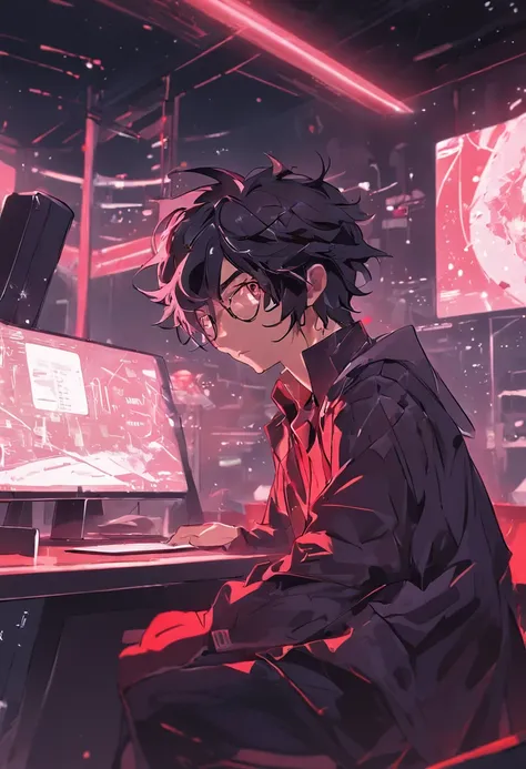 primitive, wide angles, A man sits in a chair in front of a futuristic computer screen in a bright café wearing glasses., 30 age old,Red-black skin, Black hair, Wavy hair,Shoulder-length hair,Software Development Engineer.,Dark circles typography,little be...