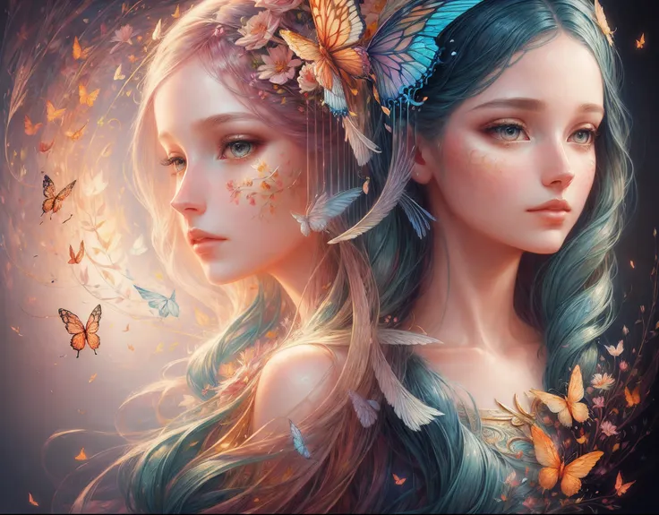 (illustration:1.3) Open-hearthm (by Artist Anna Dittman:1),Spring, paper art, 3D rendering of, Colorful, Beauty side face, Phoenix, Flowers, Butterflies, Lines, Best quality, Detailed details, Masterpiece, offcial art, Cinematic lighting effects, 4K, Gener...