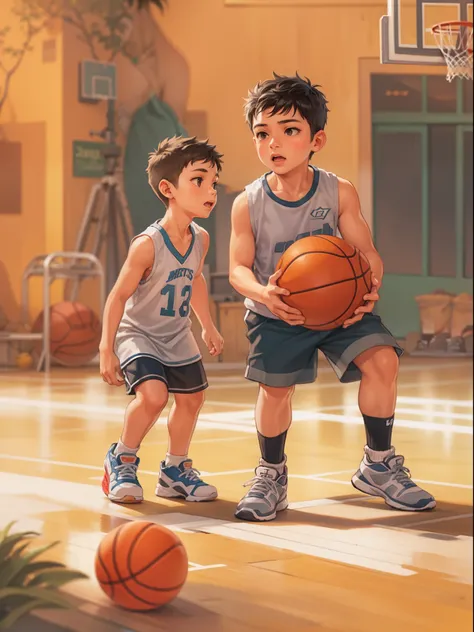 Three little boys，Playing the Basketball，Tank top shorts，11 years old，sport，Little fat