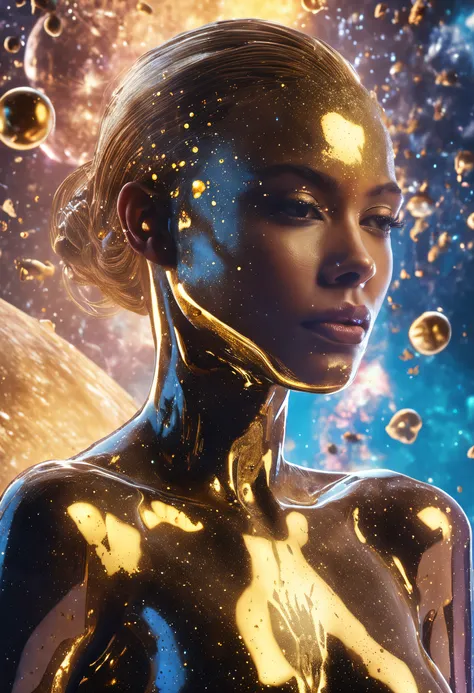 close-up of a young woman wearing a black dress and gold liquid, liquid gold with porpurine, shiny, pretty face, detailed eyes, soft lips, floating in outer space and planets in the background, fluid, wet, dripping, waxy, smooth, realistic , octane renderi...