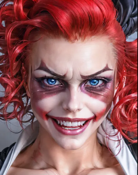 joker (female version), smiling, sharp white teeth, extreme closeup, smiling at viewer, red hair, blue eyes, (8k, raw photo, bes...