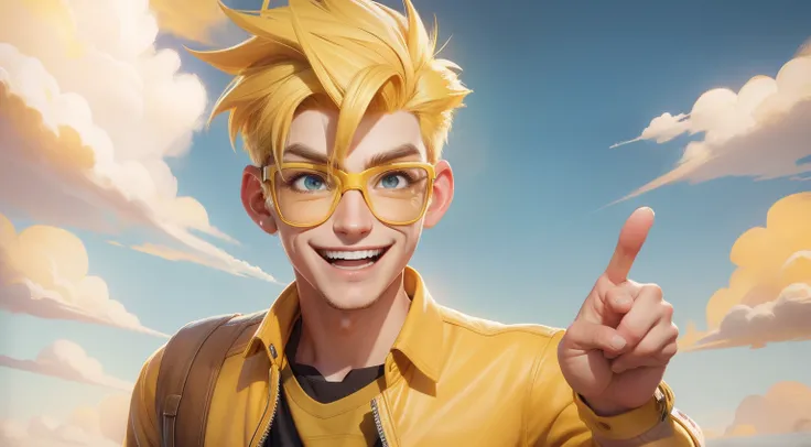 young man with yellow clothes, yellow hair, yellow glasses, happy expression, in the background a field with trees and a blue sky with clouds, pixar disney cartoon style