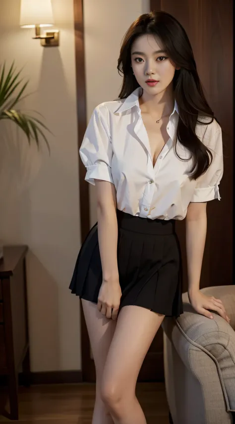 k hd, Detailed and realistic pictures，23 years old Korean girl，（Mature sexy woman：5）（JK Campus Uniform：2），A tie is worn around his neck，（Ruffle skirt：1.2），ogle，（Exquisite makeup：5），（Beautiful face：2），（Beautiful face：2），（Beautiful face：2），（Beautiful human f...