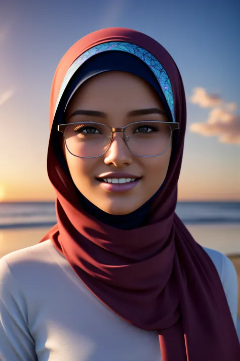 ultra realistic,16k,enhanced quality,perfect face,perfecthands,perfect body,ultra detailed,1girl,perfect hair,girl wearing glasess,perfect glasses,perfectsmile with braces,ultra realistic portrait:1.2,ultra realistic background,ultra realistic sunset, ultr...