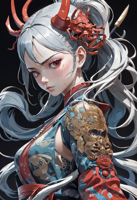 Beautiful samurai, Wire cybernetics implants, Adrian Gainey Esso Andrews style Jenny Savile, The surrealist dark art of James Jean Gaoto Yamamoto and Bri Sienkiewicz, trending on artstationh, Sharp focus, studio photo, Intricate details, Highly detailed, b...