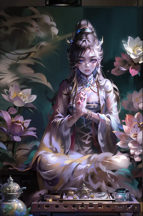 （Chinese immortals）, （Buddhism）, Multip_Hands，（mythological stories）, （bodhisattva）, She sits on a lotus, （Three hands on the left，Three hands on the right, Each hand holds a different Buddhist vessel, left right symmetry），（Delicate and beautiful face）, （W...