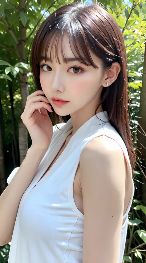 1womanl, up of face, mideum breasts, light brown hair, Blunt bangs, hair behind ear, hair over shoulder, Long hair, slender body shape, Ultra Fine Face, Thin face, Delicate lips, Beautiful eyes, thin blush, eyes are light brown, perfect glossy skin, flawle...