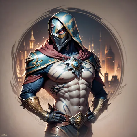 homem tatuado, Muito legal,armadura dourada, muito bonito, Stand in front of the postcard background, 8k, dynamic wallpaper, muito delicado, muito denso, parte superior do corpo, Warcraft, castlevania