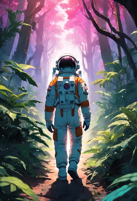 Astronaut walking in the jungle, sony a7r, 50mm lens, morningglow, 8K