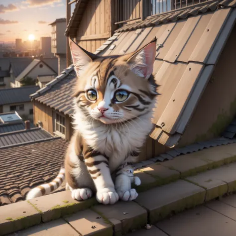 Banksy、Cute kitten、On the roof、the setting sun