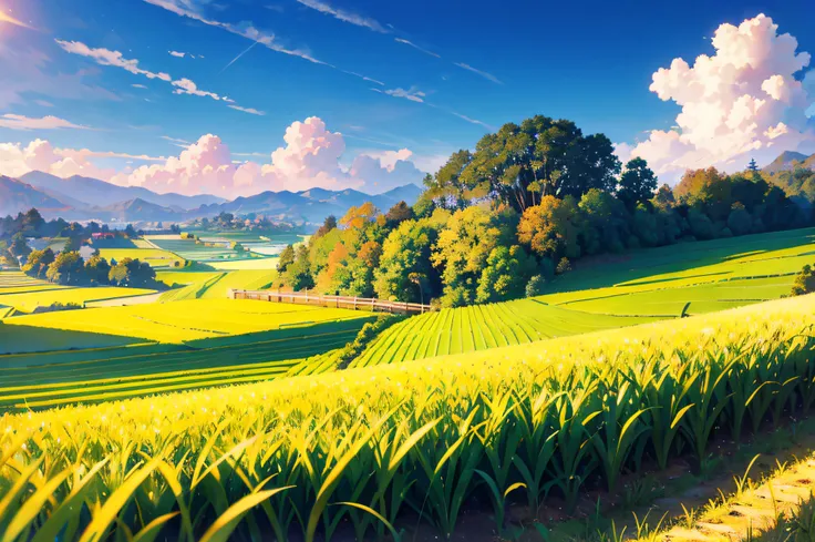 Beautiful countryside, ripe paddy, autumn, hillside, rice field, farmer, harvested paddy, super high detail, ray tracing.