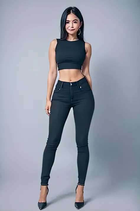 arafed woman in black top and black pants posing for a picture, wearing black tight clothing, skinny waist and thick hips, wearing tight simple clothes, wearing a sexy cropped top, black extremely tight jeans, tight outfit, physical : tinyest midriff ever,...