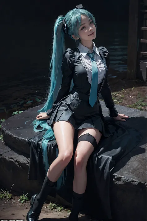 (((hatsune miku charakter))), (((tosca hair color))), ((long twin tail hair with pony)), looking at the view, eyes on the view, (((happy face))), (((big smile))), 21 years old girl, perfect body, perfect anatomy, tosca eye color, double eyelids, huge breas...