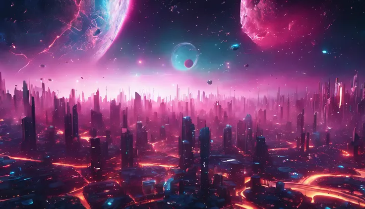 3D-rendering, fundo da cidade cyberpunk, Panorama macro, ((wide panoramic wallpaper, 4k high definition, Realistic))sky with planets and stars.