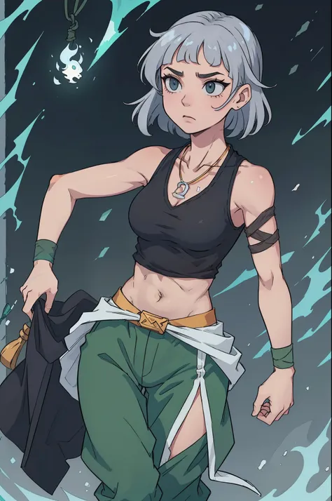 Shira is a fairly tall young wpman with a rather fit physique. She has light skin, and short grey hair with two bangs. She has several scars on both body and face (for which he may seem to look older), including one running vertically across his throat, an...