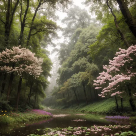 Forest with flowers in the rain