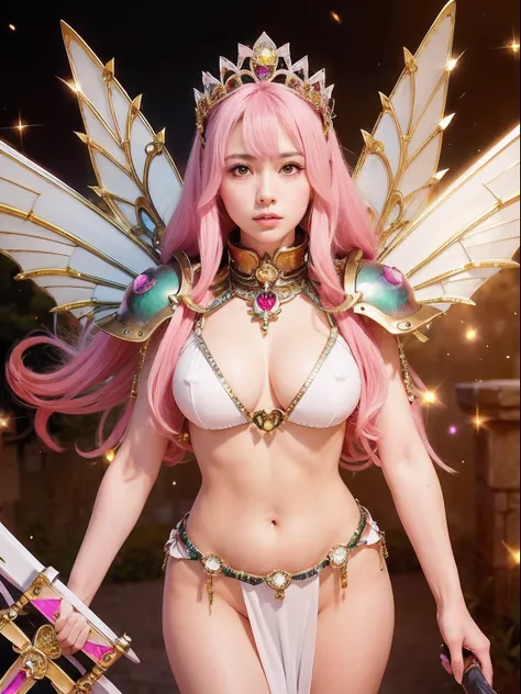 (A smile), Professional , ​masterpiece、top-quality、photos realistic , depth of fields （Gemstone White Metal Body:1.９),(Matte White Pink、Jewel Gold Weapon、（Gorgeous castle background）、（ultimate beauty girl）、（Rainbow fairy wings grow）、Particles of light、（Met...