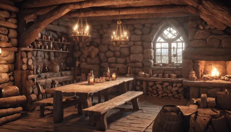 Rustic interior of a viking medieval tavern, 1990s videogame, pre-rendered background