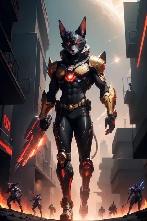 High Resulotion , Digital Art ,
On the Front a black-gold Male Anthro Anubian cyborg Jackal acrador Mindmachine with a scifi Blaster and Red Eyes , Background : Neonlighs and Scifi Hanger with Spaceships , in the distance stand some Black-red Anthro Anubia...