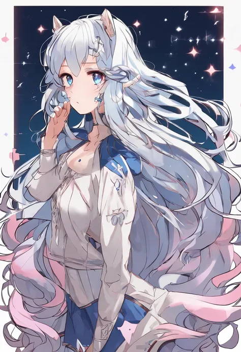 Anime girl with long hair and cat tail,, JK style, white-haired god, Anime girl with long hair, clear outfit design, anime moe art style, Long silver-white gradient blue hair, Long hair is legs, Soft anime illustration, Anime Stylization, white hime cut ha...