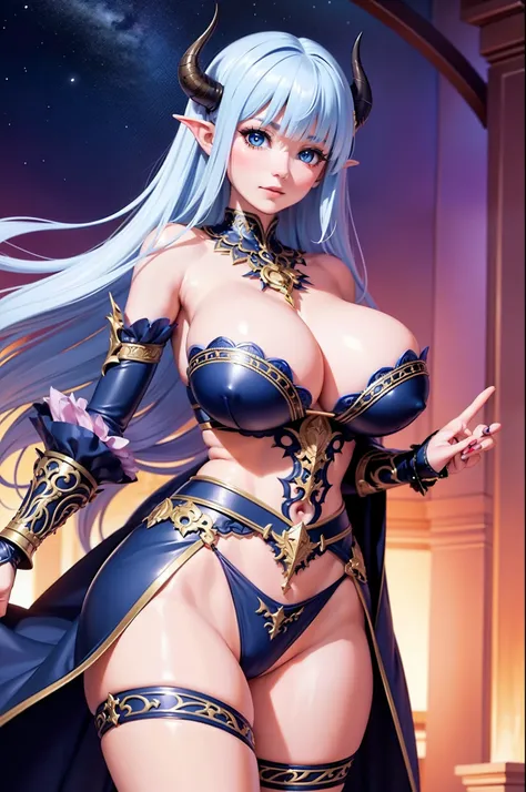 Generate an awe-inspiring fantasy illustration showcasing an exquisitely detailed and lifelike Demon Girl characterized by captivating eyes, a stunningly beautiful face, and intricate skin and massive boobs, (gigantic breasts). Adorn her with enchanting fa...